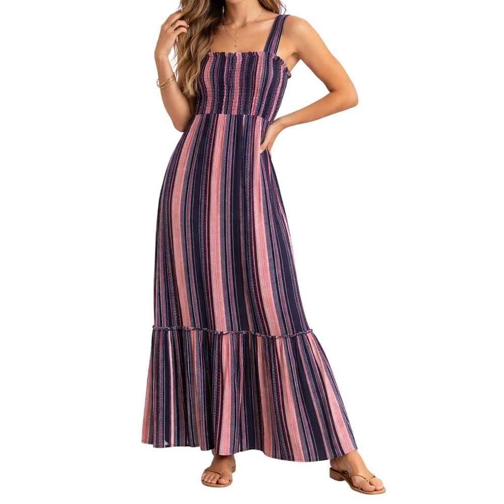 Robert Louis Maxi Dress Womens Large Navy Coral Striped Smocked Tiered Boho